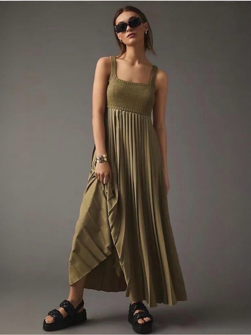 Anthropologie x Mare Mare Pleated Khaki Maxi Dress - Size XL